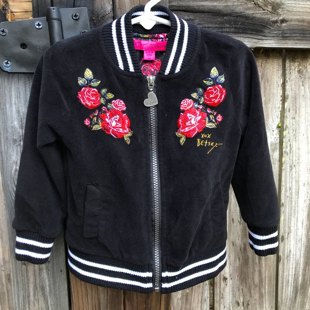 Toddler Girls Betsey Johnson Black Velour Rose Embroidered Jacket 2T